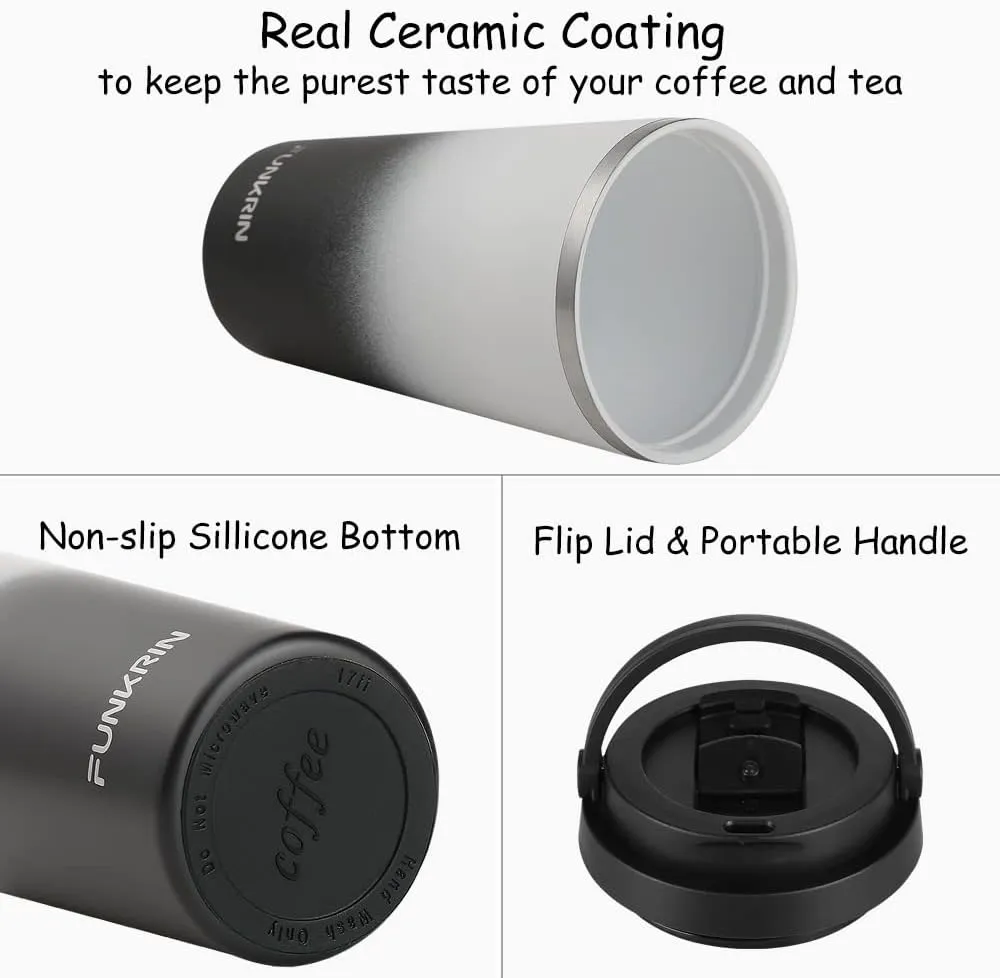 Funkrin Insulated Coffee Mug with Ceramic Coating, 16oz Iced Coffee Tumbler Cup with Flip Lid and Handle, Double Wall Vacuum Leak-Proof Thermos Mug for Travel Office School Party Camping