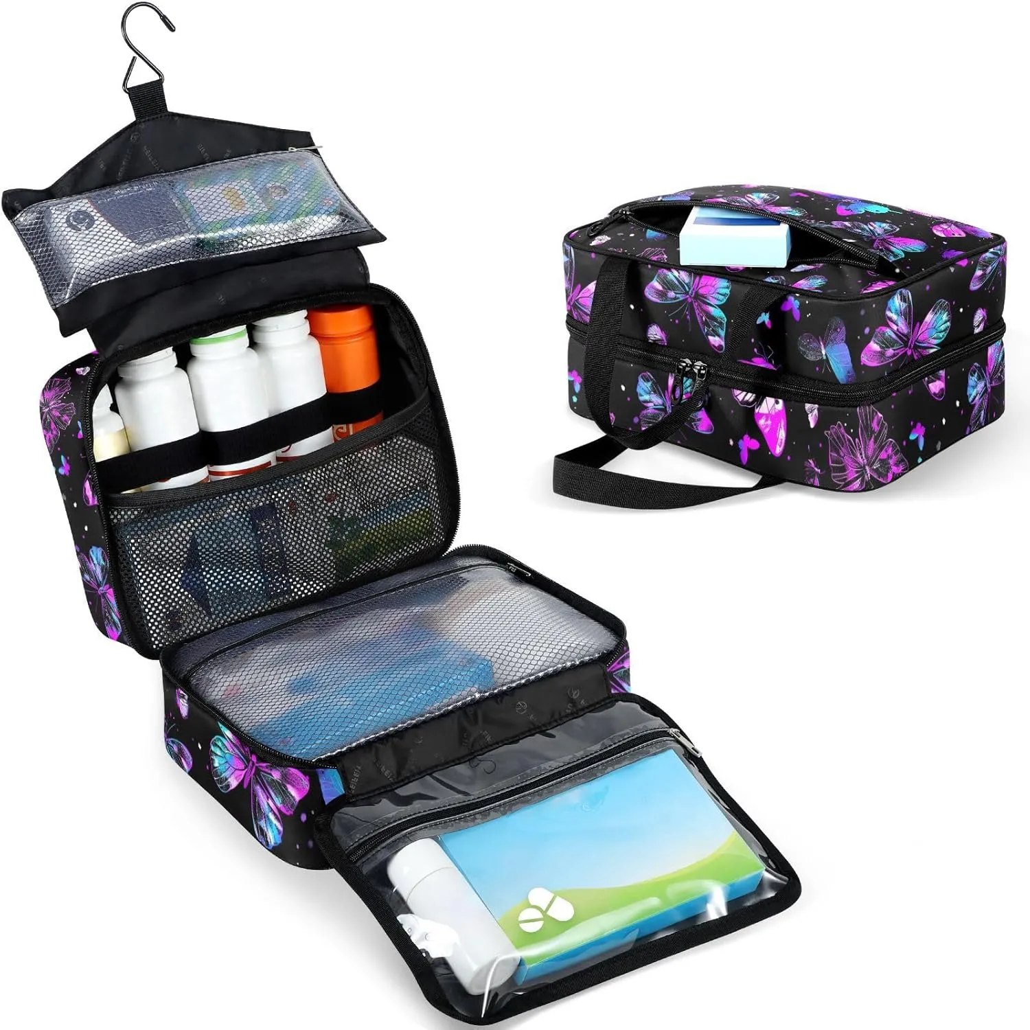 Fustylead Neon Colors Butterflies Silhouette on Black Background Large Medical Supplies Organizer Bag with Zipper Empty First Aid Bag Trauma Kit for Traveling Hiking Camping