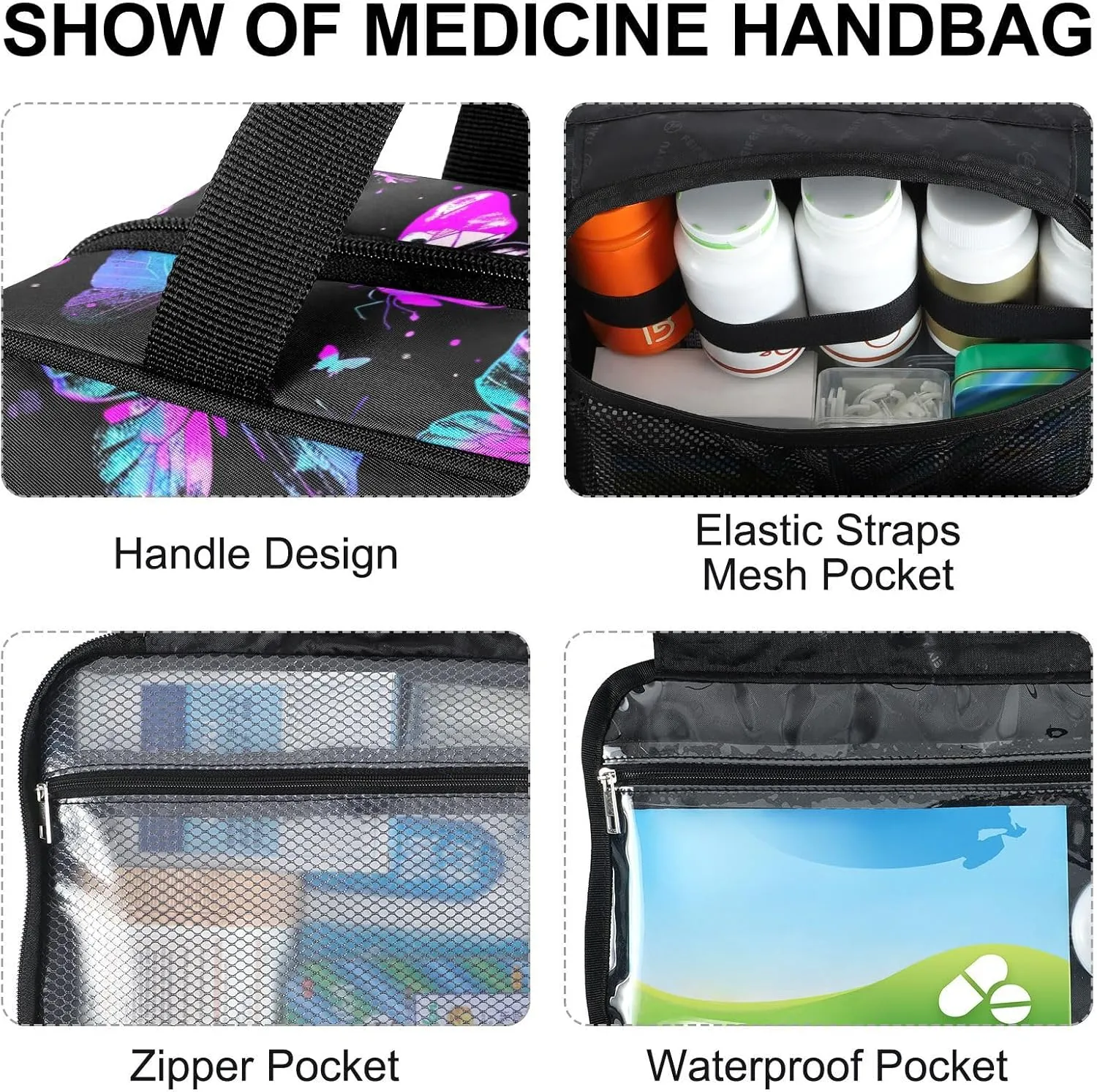 Fustylead Neon Colors Butterflies Silhouette on Black Background Large Medical Supplies Organizer Bag with Zipper Empty First Aid Bag Trauma Kit for Traveling Hiking Camping