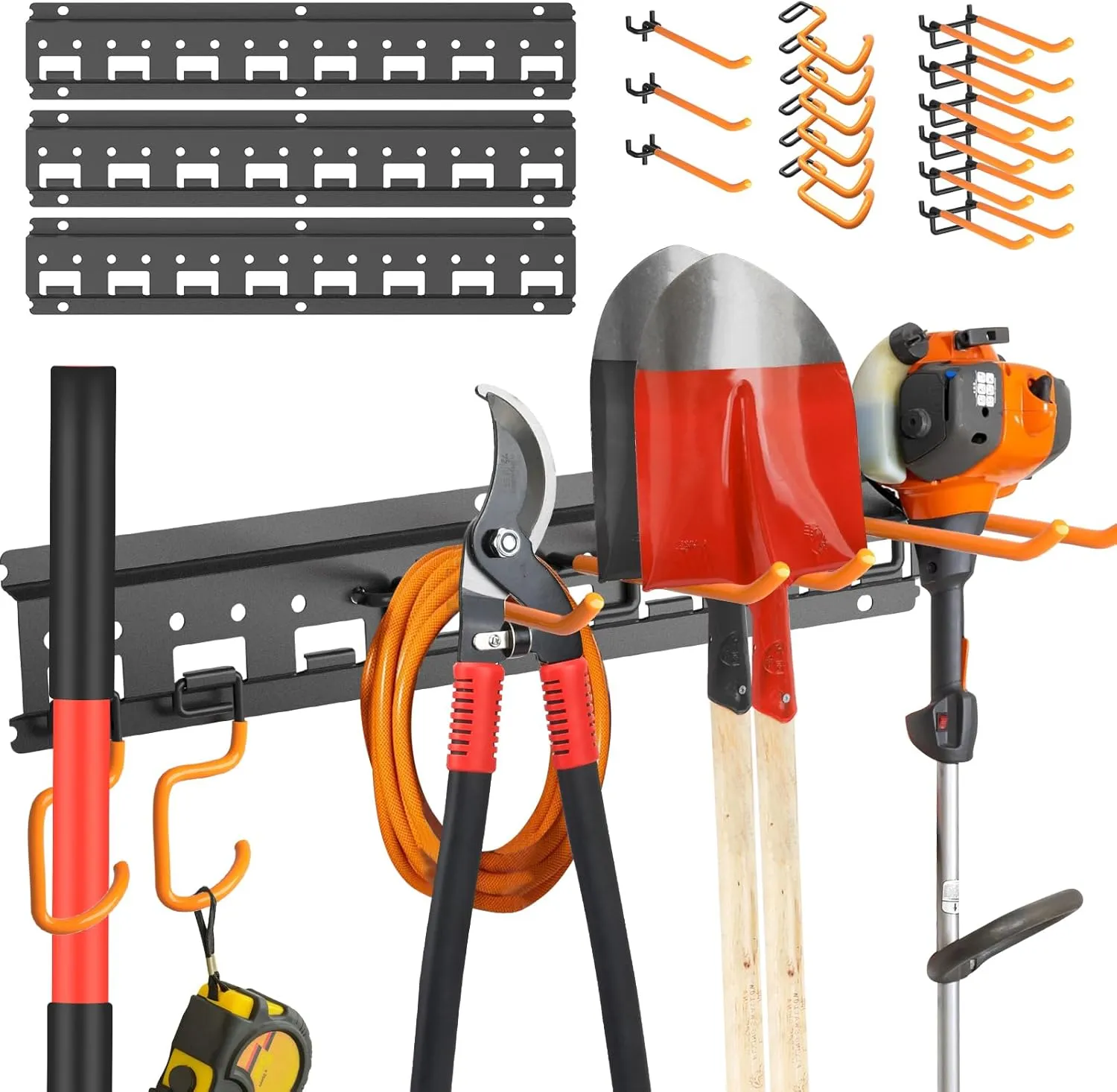 Garden Tool Organizer Wall Mount - Garage Storage and Organization Yard Tool Hanger with Adjustable Pegboard Hooks Shed Rack for Broom Mop Shovel Rake Trimmers, 48 inch Max 550lbs, Black