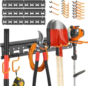 Garden Tool Organizer Wall Mount - Garage Storage and Organization Yard Tool Hanger with Adjustable Pegboard Hooks Shed Rack for Broom Mop Shovel Rake Trimmers, 48 inch Max 550lbs, Black
