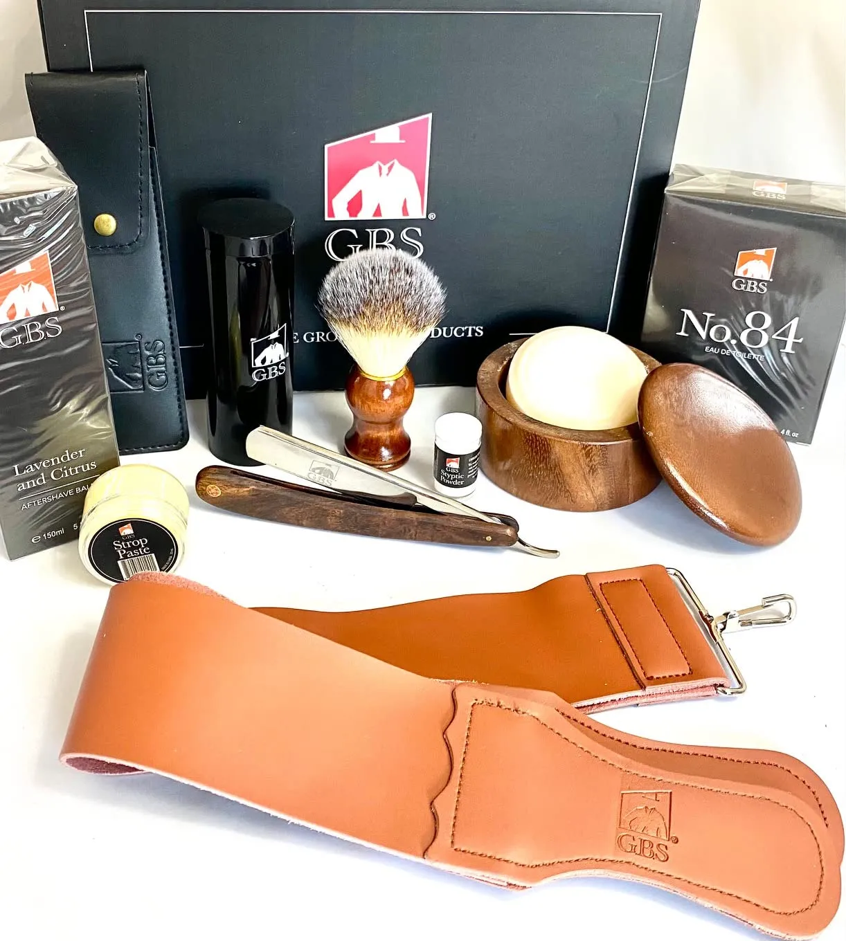 G.B.S Men's Shaving Set, Ready Razor, Wood Bowl, Synthetic Brush with Travel Tube, Leather Case Styptic Powder, Aftershave Balm, Strop and Paste