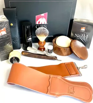 G.B.S Men's Shaving Set, Ready Razor, Wood Bowl, Synthetic Brush with Travel Tube, Leather Case Styptic Powder, Aftershave Balm, Strop and Paste