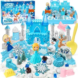 G.C Frozen Sensory Bin for Girl Kid Toy, Elsa Play Sand Art Kit with Sandbox/2lb Sand/Castle/Molds/Princess Figure, Winter Sensory Frozen Toy Christmas Birthday Gift for Girl Toddler Ages 3 4 5 6 7 8