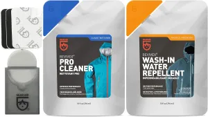 GEAR AID Care Kit with Revivex Pro Cleaner, Revivex Wash-in Water Repellent and Tenacious Tape Mini Patches, Clear, Two 10 oz Packs