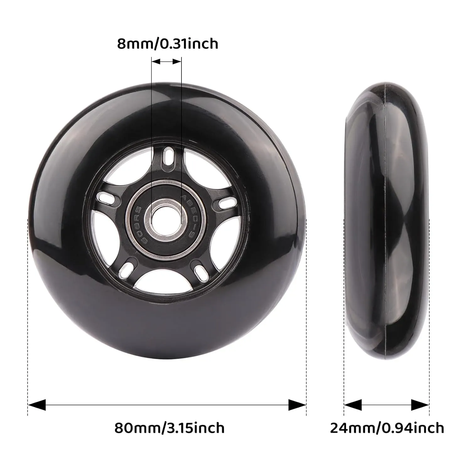 Gladder Luggage Suitcase Replacement Wheels Silent PU Caster Inline Wheels w/ABEC7 608-2RS Bearings 6mm Axles Washer Universal Repair Kit (80x24mm)
