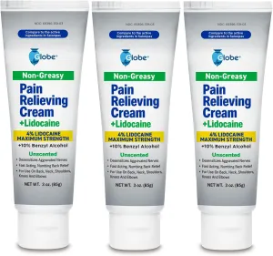 Globe Lidocaine 4%   Pain Relieving Cream, Fast Acting, Numbing Relief, Unscented, Compare to The Brand Name Lidocaine Plus Pain Relieving Cream. (3 oz Tubes x 3) (Total 9 oz)