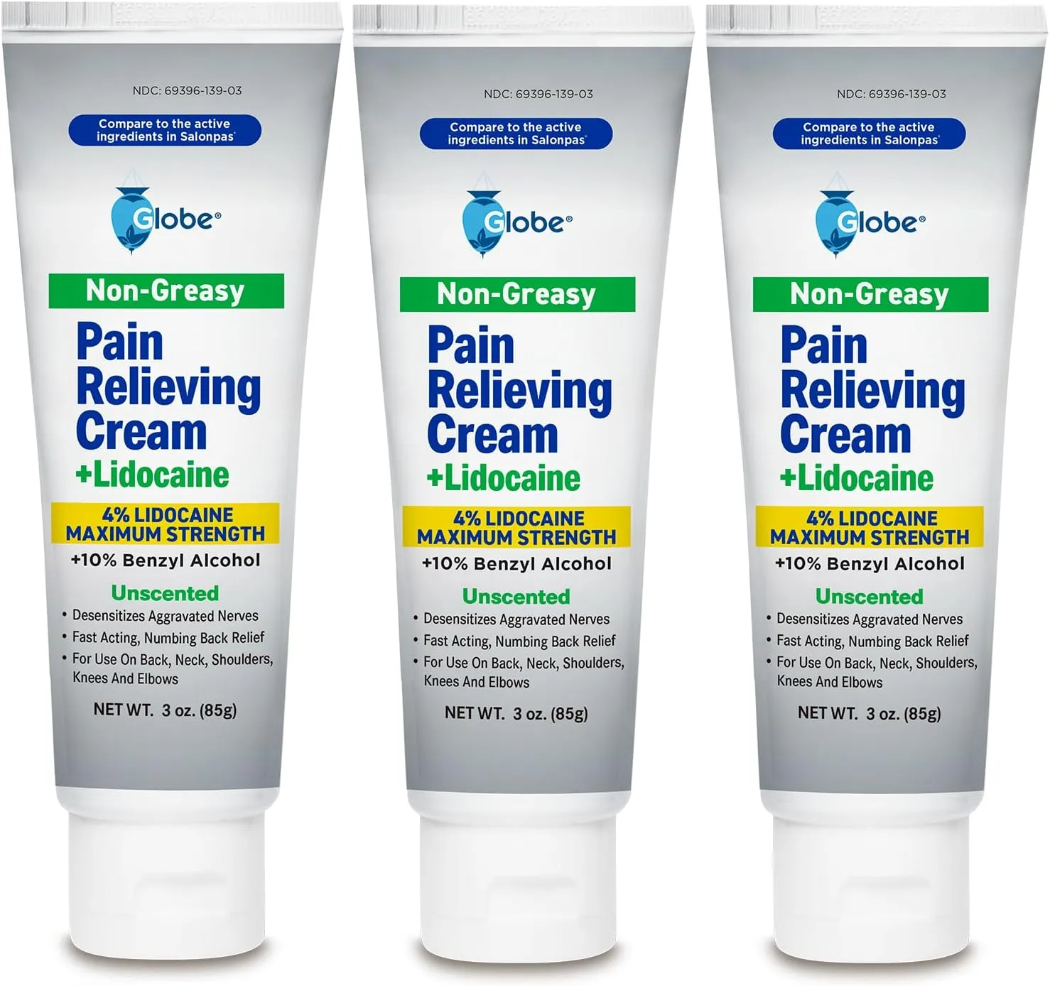 Globe Lidocaine 4%   Pain Relieving Cream, Fast Acting, Numbing Relief, Unscented, Compare to The Brand Name Lidocaine Plus Pain Relieving Cream. (3 oz Tubes x 3) (Total 9 oz)