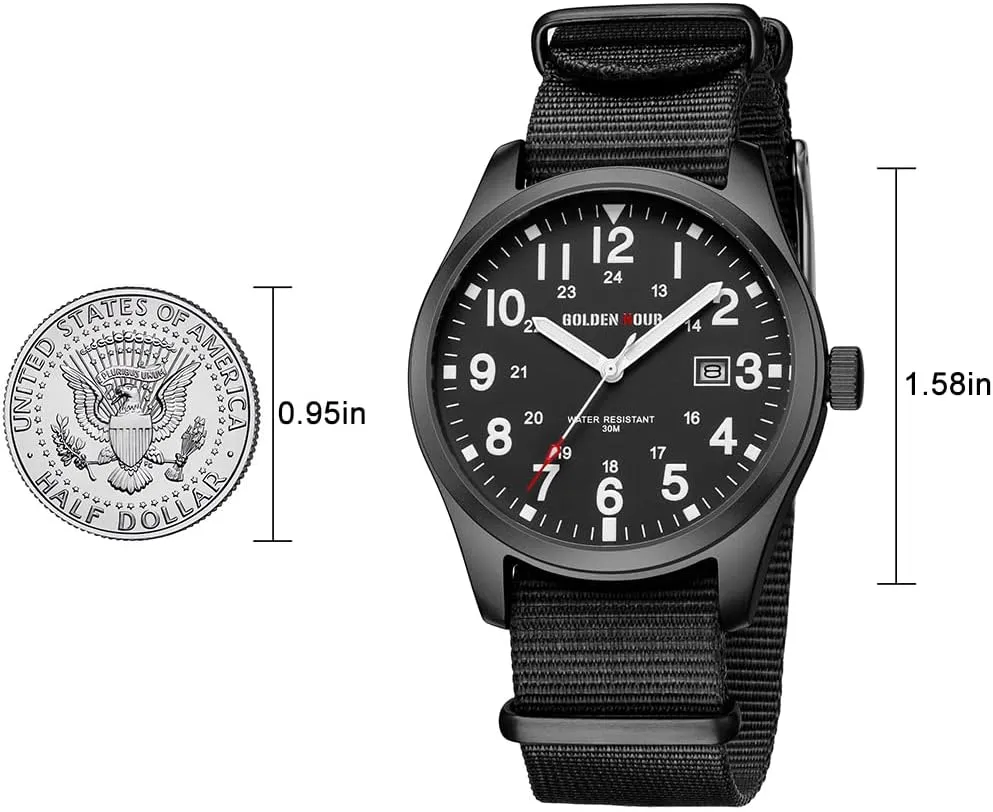 GOLDEN HOUR Men's Nylon Slip-Thru Strap Watch with Military Time Easy Read Dial Glowing Hands