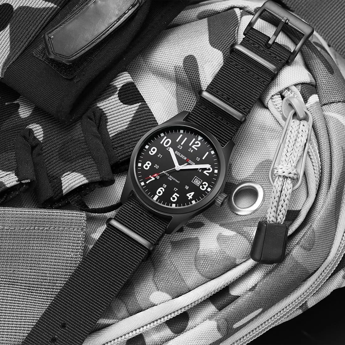 GOLDEN HOUR Men's Nylon Slip-Thru Strap Watch with Military Time Easy Read Dial Glowing Hands