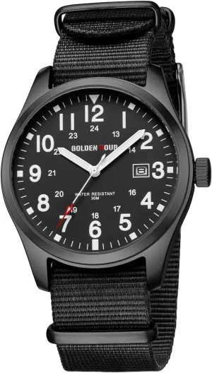 GOLDEN HOUR Men's Nylon Slip-Thru Strap Watch with Military Time Easy Read Dial Glowing Hands