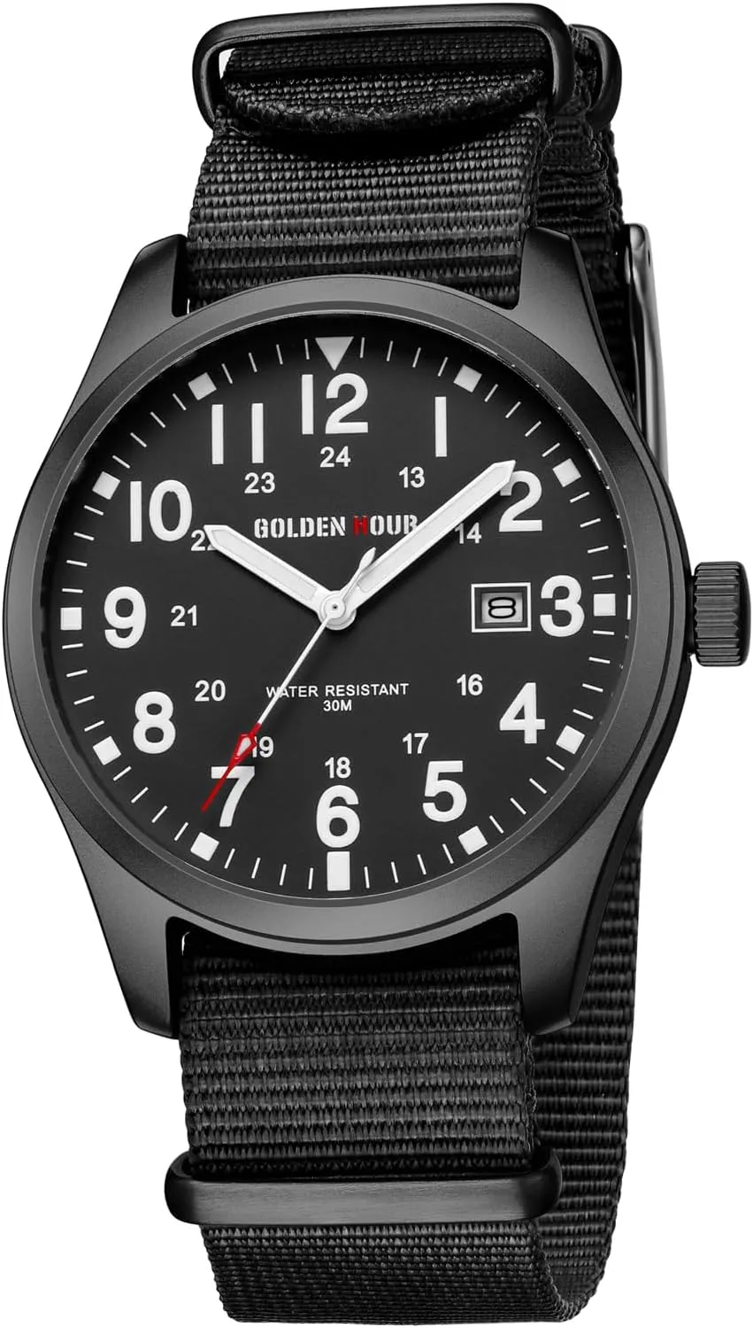 GOLDEN HOUR Men's Nylon Slip-Thru Strap Watch with Military Time Easy Read Dial Glowing Hands