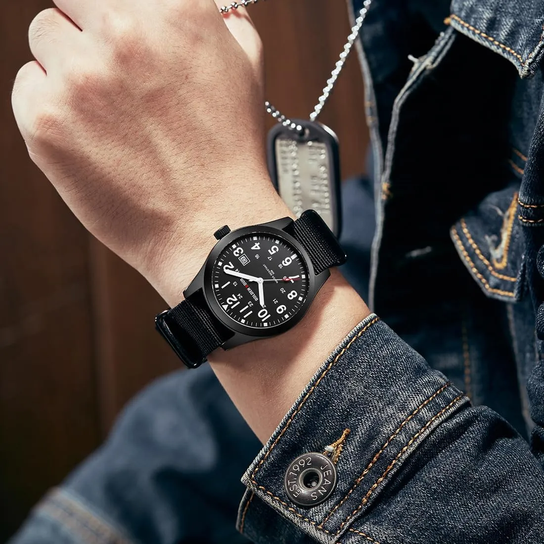 GOLDEN HOUR Men's Nylon Slip-Thru Strap Watch with Military Time Easy Read Dial Glowing Hands