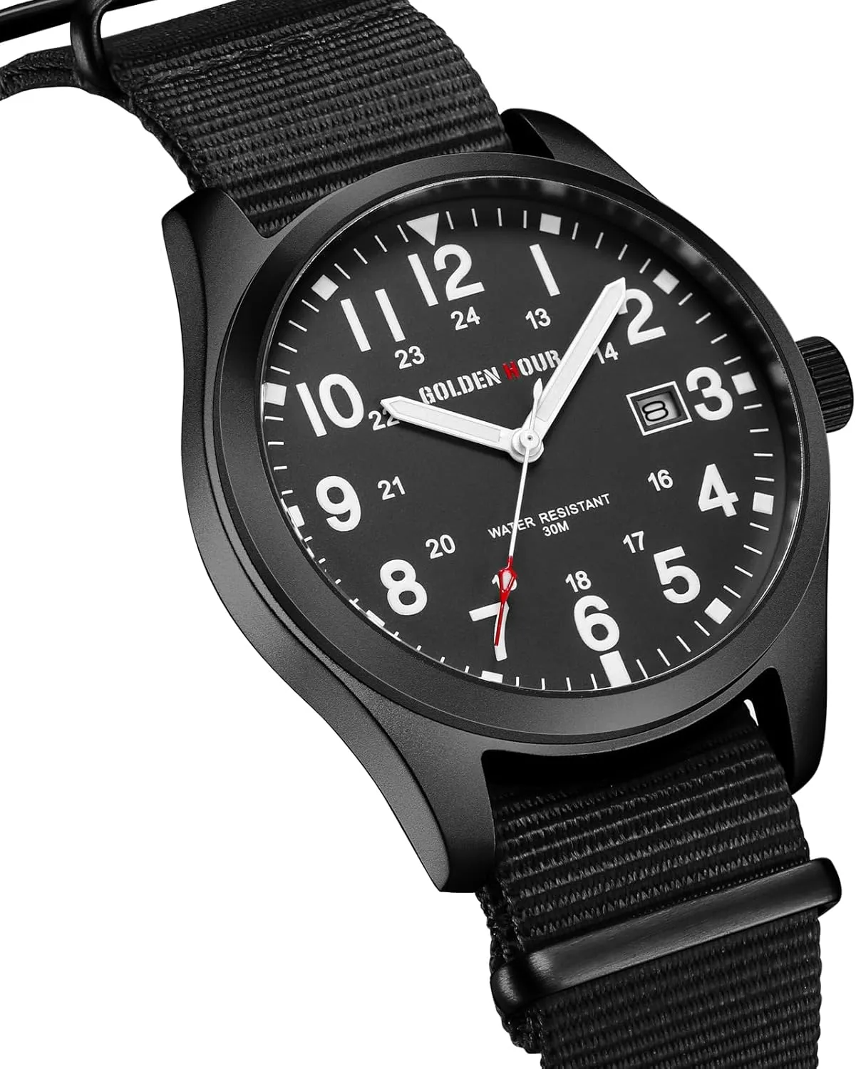 GOLDEN HOUR Men's Nylon Slip-Thru Strap Watch with Military Time Easy Read Dial Glowing Hands