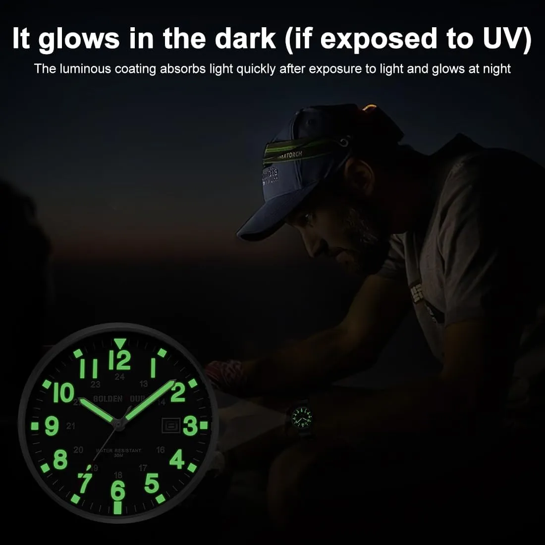 GOLDEN HOUR Men's Nylon Slip-Thru Strap Watch with Military Time Easy Read Dial Glowing Hands