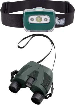 Gorilla Grip Headlamp and Compact Binoculars, Headlamp is Water Resistant with 7 Light Modes, Binoculars are Adjustable and Includes Neck Strap, Both in Green Color