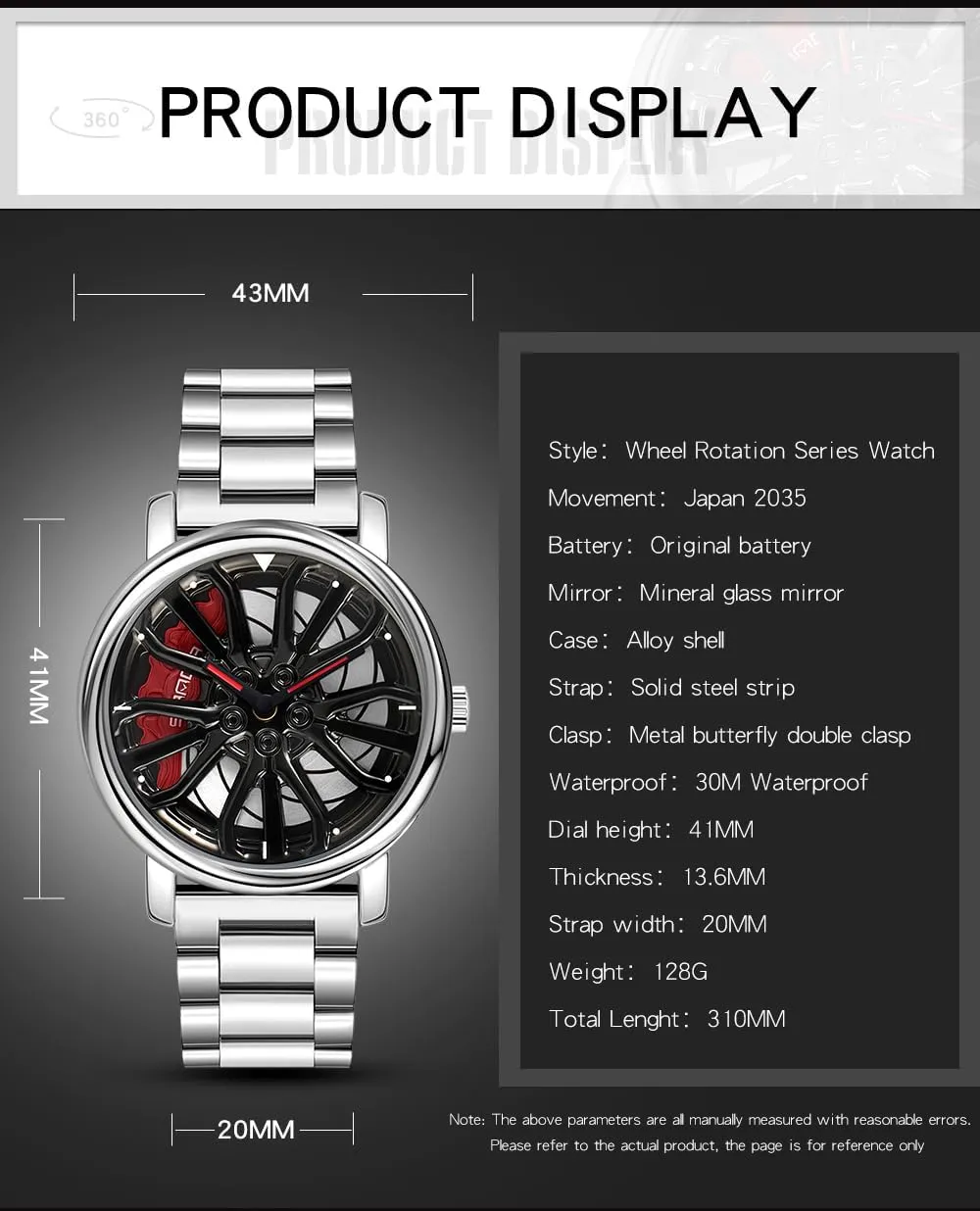 Gosasa Men Racing Watches Rotatable Car Rim Wheel hub Design Sports Watches Stainless Steel Waterproof Watch
