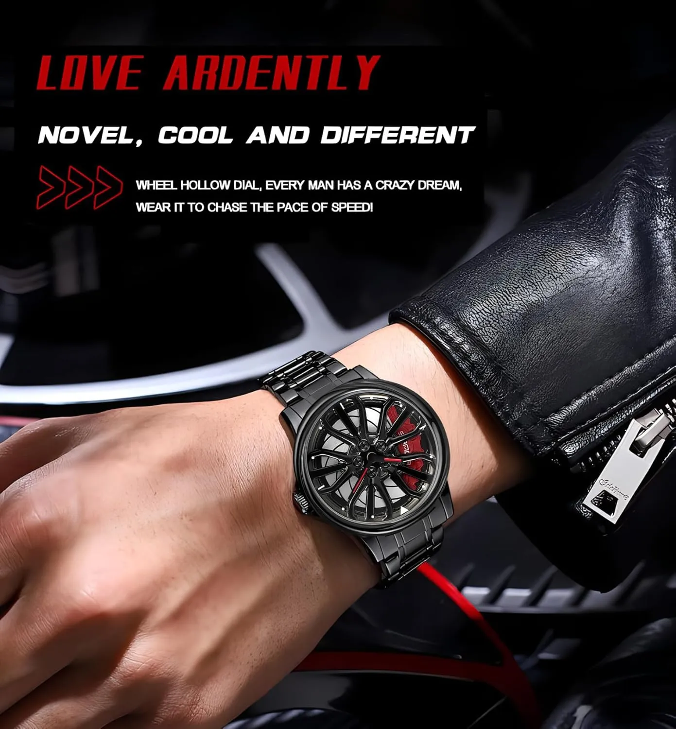 Gosasa Men Racing Watches Rotatable Car Rim Wheel hub Design Sports Watches Stainless Steel Waterproof Watch