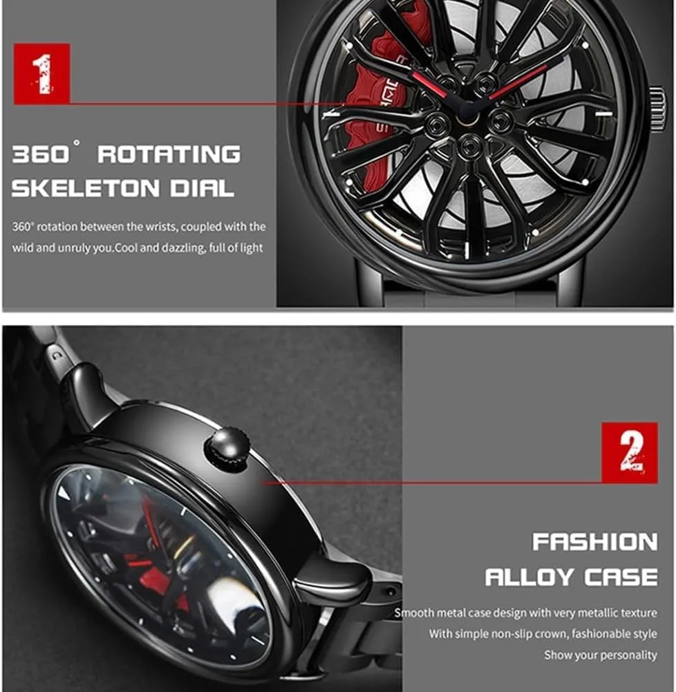 Gosasa Men Racing Watches Rotatable Car Rim Wheel hub Design Sports Watches Stainless Steel Waterproof Watch