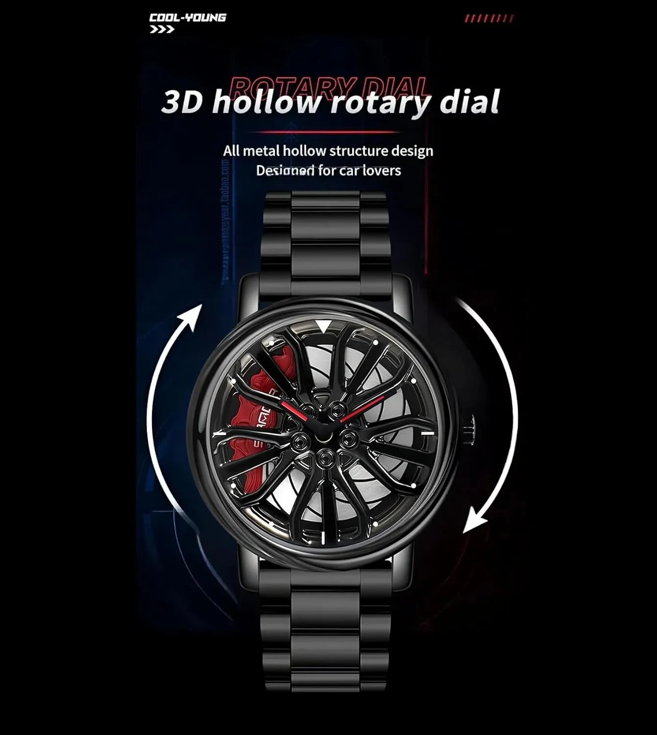 Gosasa Men Racing Watches Rotatable Car Rim Wheel hub Design Sports Watches Stainless Steel Waterproof Watch