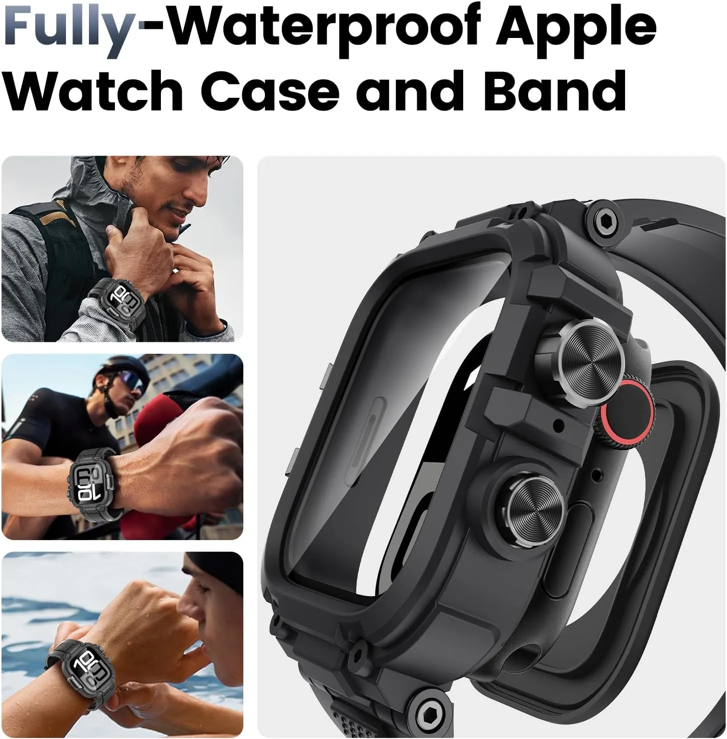 Goton IP68 Waterproof Rugged Band for Apple Watch 46mm/45mm/44mm with Case build-in Screen Protector – Heavy Duty Sport Strap Compatible with iWatch Series 10/9/8/7/6/5/4/SE