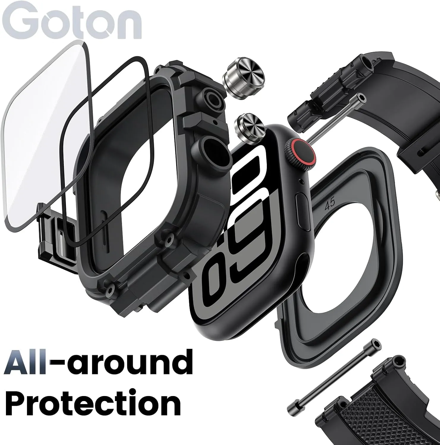 Goton IP68 Waterproof Rugged Band for Apple Watch 46mm/45mm/44mm with Case build-in Screen Protector – Heavy Duty Sport Strap Compatible with iWatch Series 10/9/8/7/6/5/4/SE