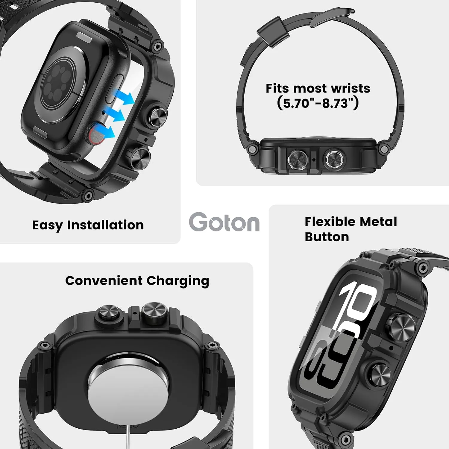 Goton IP68 Waterproof Rugged Band for Apple Watch 46mm/45mm/44mm with Case build-in Screen Protector – Heavy Duty Sport Strap Compatible with iWatch Series 10/9/8/7/6/5/4/SE