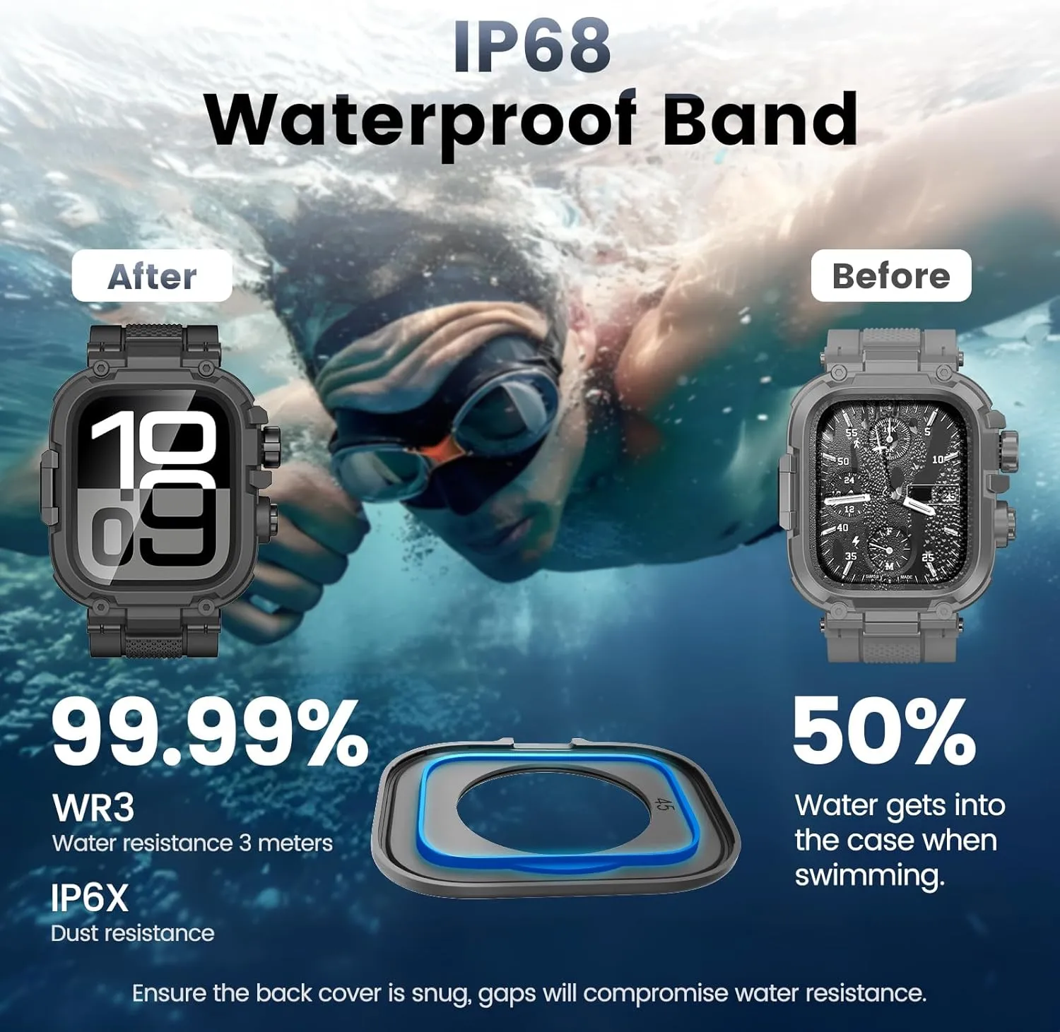 Goton IP68 Waterproof Rugged Band for Apple Watch 46mm/45mm/44mm with Case build-in Screen Protector – Heavy Duty Sport Strap Compatible with iWatch Series 10/9/8/7/6/5/4/SE