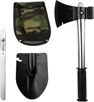 GPCT Emergency Camping Compact Tools Kit (6 In 1, Shovel, Axe, Knife, Saw, Bottle Opener, Nail Puller with Pouch, Tool Snap-On, Rubber Handle)