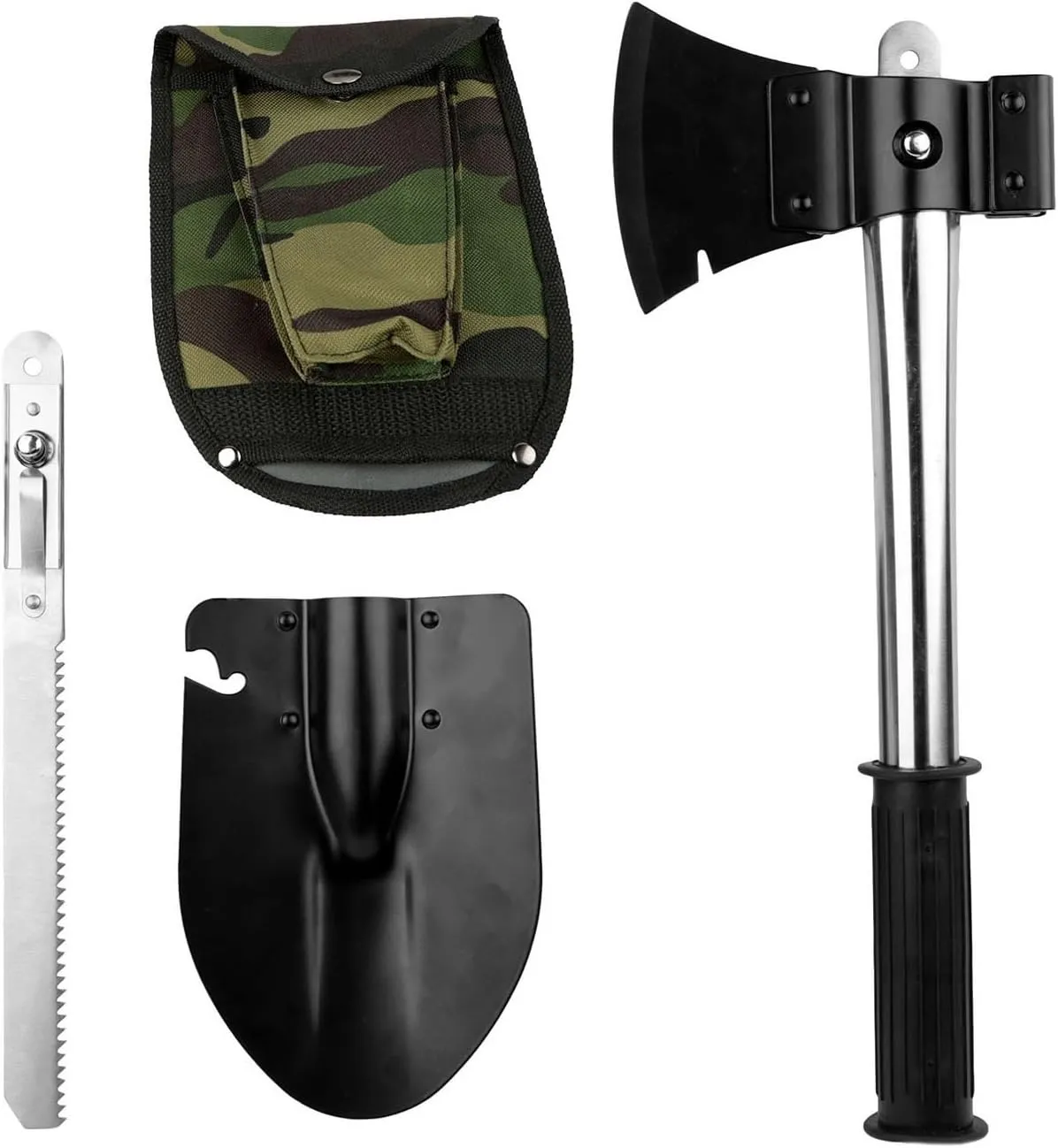 GPCT Emergency Camping Compact Tools Kit (6 In 1, Shovel, Axe, Knife, Saw, Bottle Opener, Nail Puller with Pouch, Tool Snap-On, Rubber Handle)