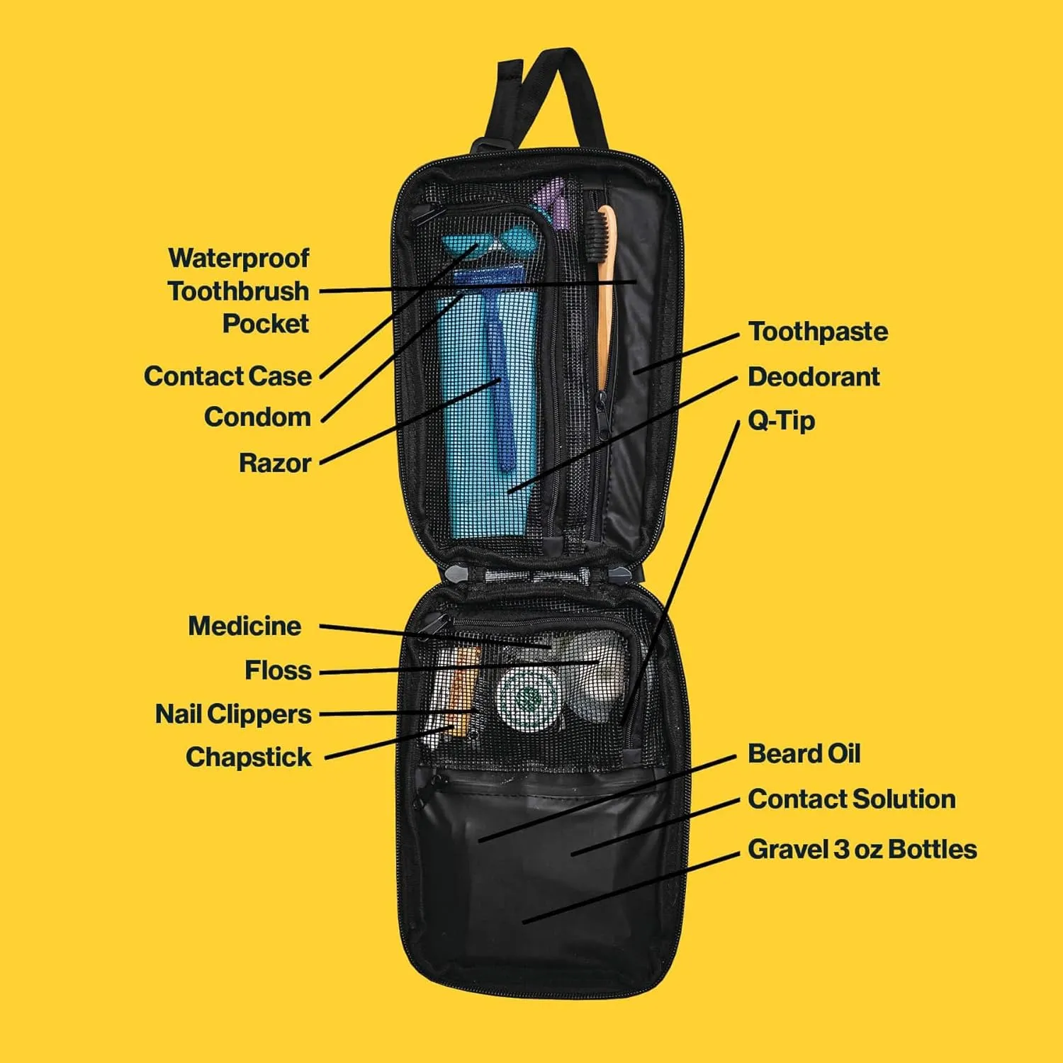 Gravel Explorer Slim Hanging Water Resistant Travel Toiletry Bag, Shaving Kit, Makeup Bag, Dopp Kit for Men and Women