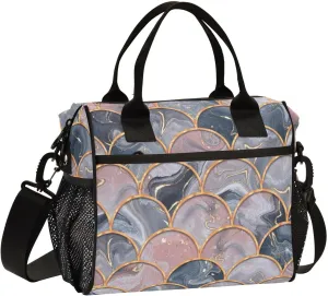 Gray Marble Pink Fluid Diagram Lunch Bag Insulated Lunch Box for Women Cooler Bag Reusable Lunch Tote Bag Men Leakproof Lunchbox with Shoulder Strap School Work Picnic