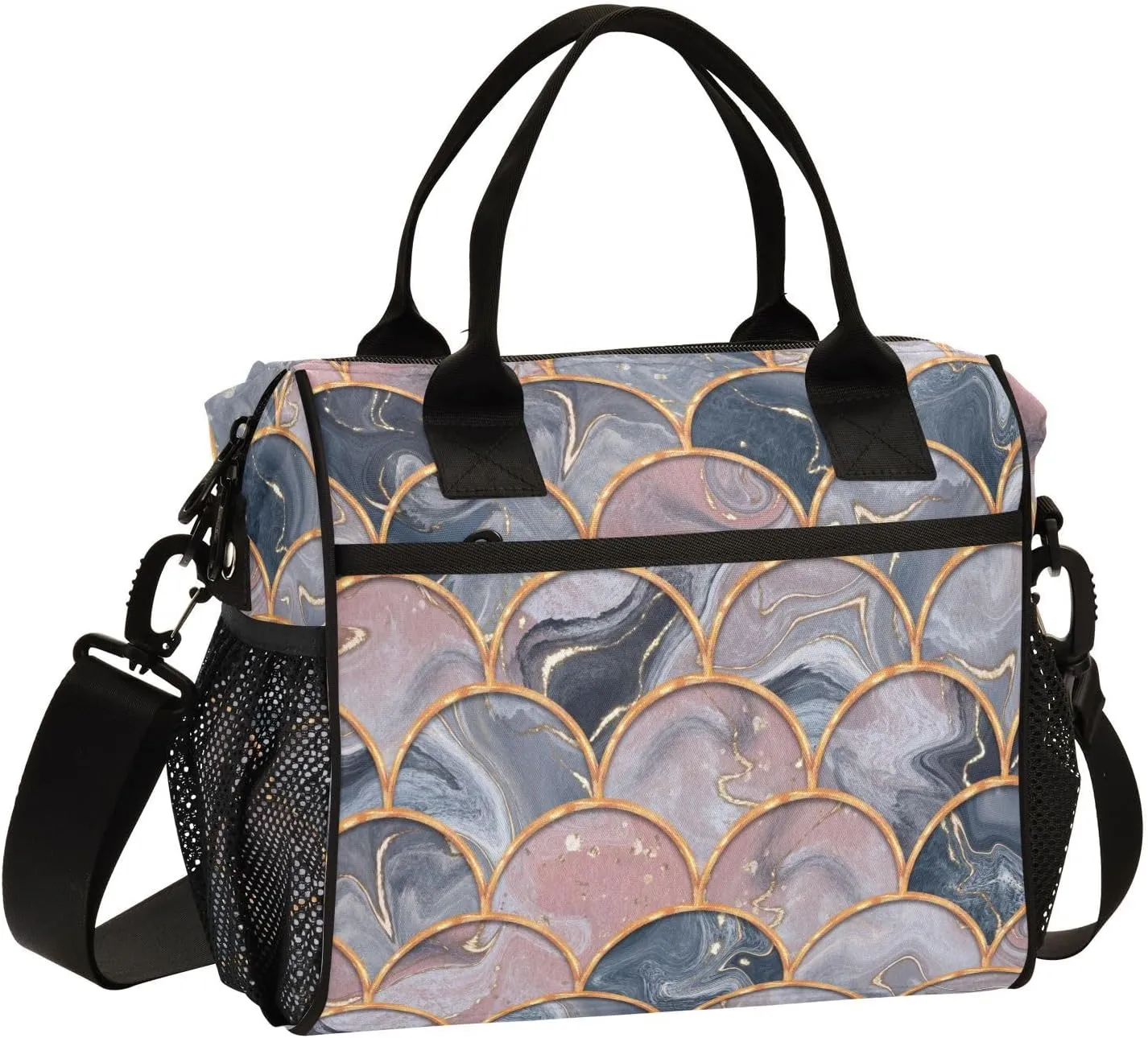 Gray Marble Pink Fluid Diagram Lunch Bag Insulated Lunch Box for Women Cooler Bag Reusable Lunch Tote Bag Men Leakproof Lunchbox with Shoulder Strap School Work Picnic