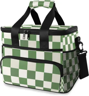 Green White Checkered Buffalo Plaid Cooler Bag Insulated Cooler Soft Sided Cooler 24 Can Portable Picnic Bag Large Leakproof Lunch Bag Box for Beach Grocery Camping Travel Car Men Women