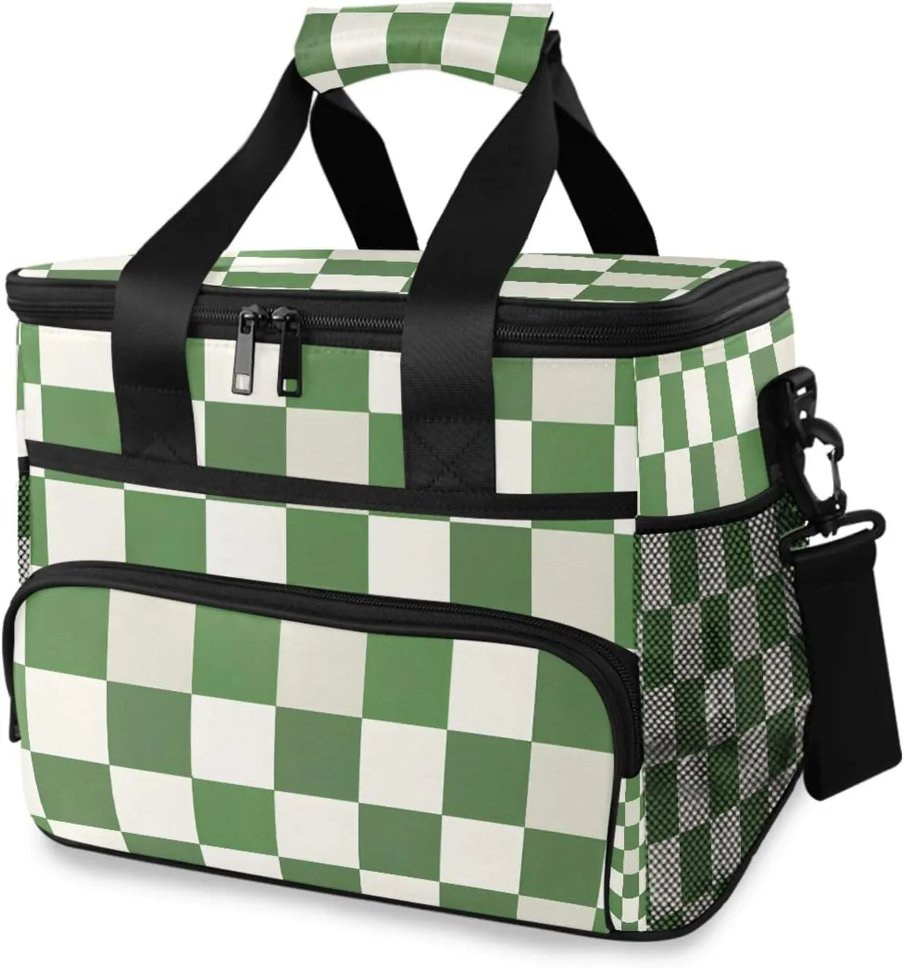 Green White Checkered Buffalo Plaid Cooler Bag Insulated Cooler Soft Sided Cooler 24 Can Portable Picnic Bag Large Leakproof Lunch Bag Box for Beach Grocery Camping Travel Car Men Women