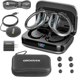 Groove Electronics 4-in-1 Wireless Earbuds w/Charging Case - 80 Hours Playtime Wireless Headphones Bluetooth 5.3 IPX7 Waterproof Noise Cancelling Earphones with LED Light Display | Phone Charging Pad
