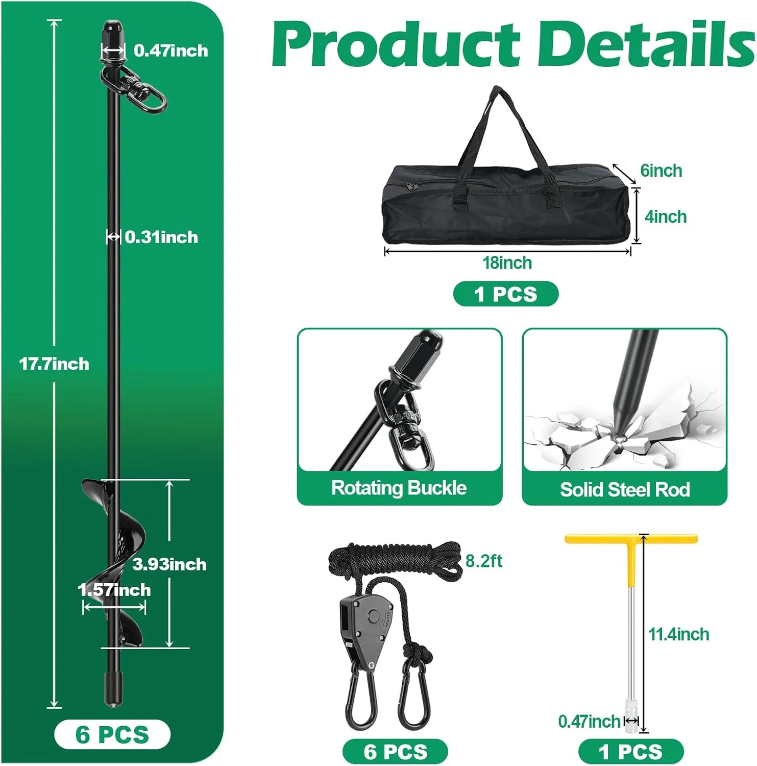 Ground Anchors, 6 Pack 17.7" Screw in Tent Stakes Heavy Duty Kit with 6 Adjustable RV Awning Tie Down Ratchet Ropes for High Winds, Earth Anchors for Shed Trampoline Canopy Gazebo Swing Set Camping