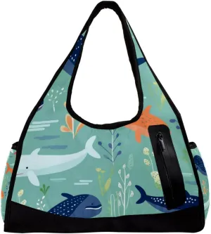 Gym Bag for Women,Small Gym Bag for Men,Sea Wave Whales Cute,Overnight Bag