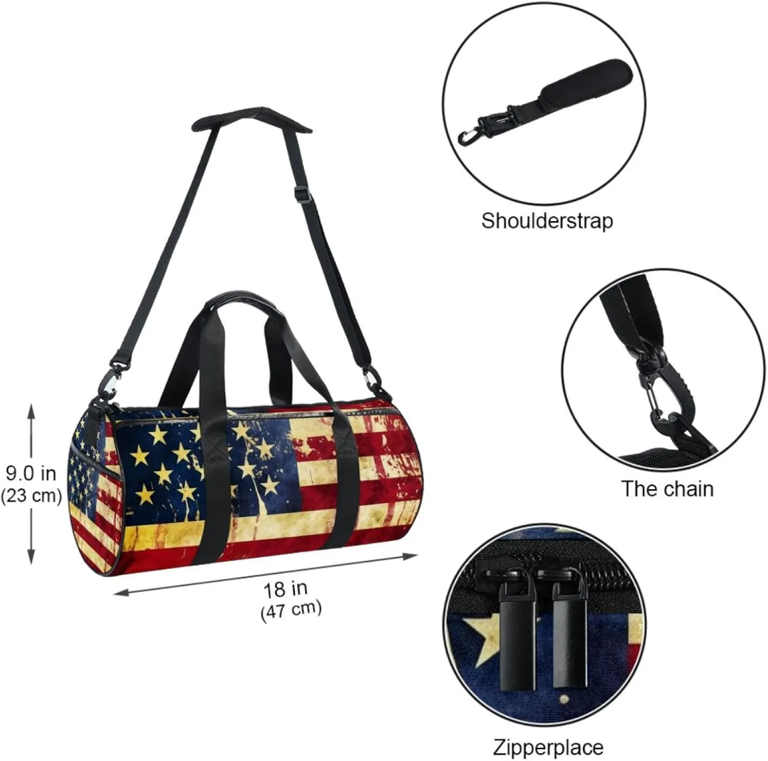 Gym Bag for Women,Small Gym Bag for Men,Vintage American Flag Print,Overnight Bag