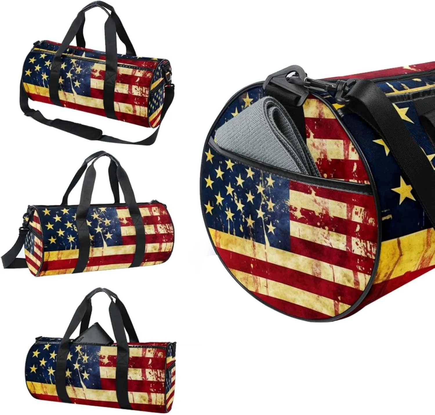 Gym Bag for Women,Small Gym Bag for Men,Vintage American Flag Print,Overnight Bag