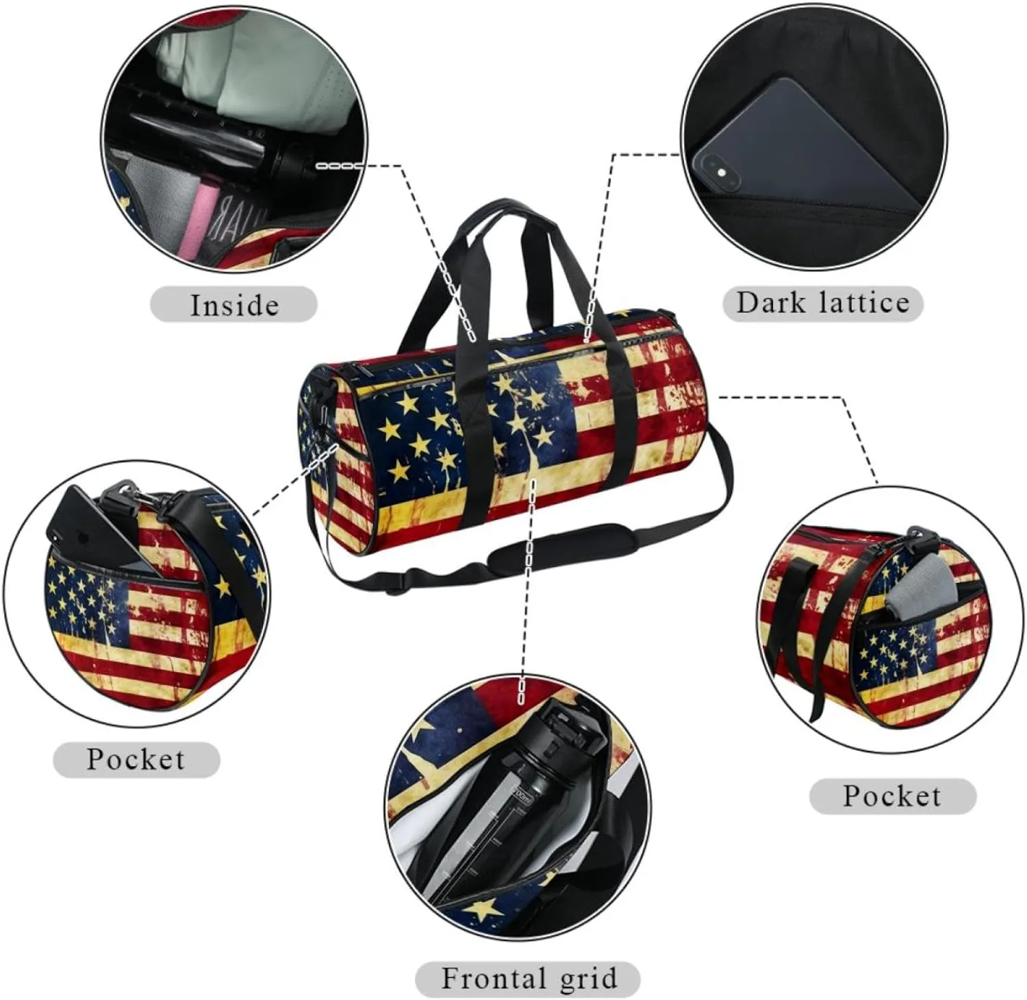 Gym Bag for Women,Small Gym Bag for Men,Vintage American Flag Print,Overnight Bag