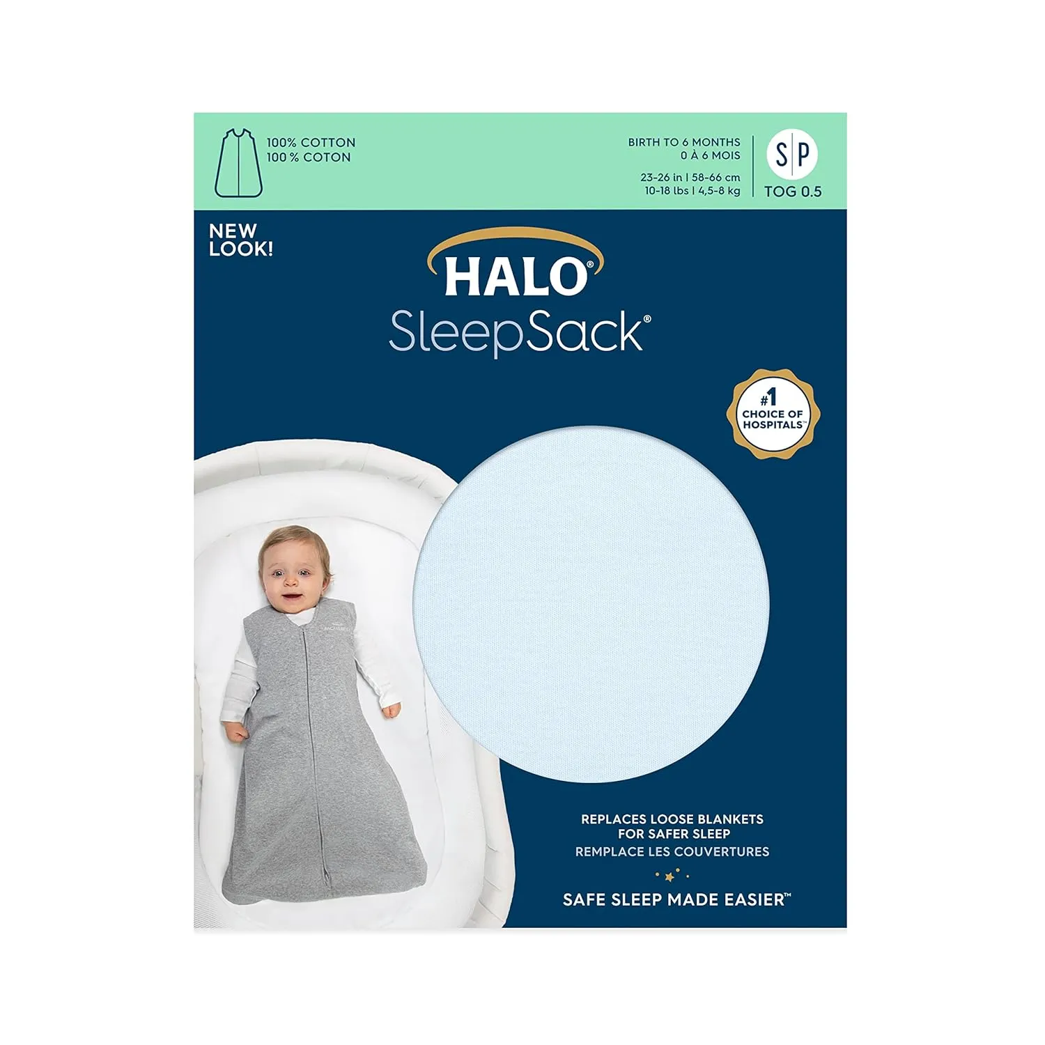 HALO SleepSack, 100% Cotton Wearable Blanket, Swaddle Transition Sleeping Bag, TOG 0.5, Baby Blue, Small, 0-6 Months