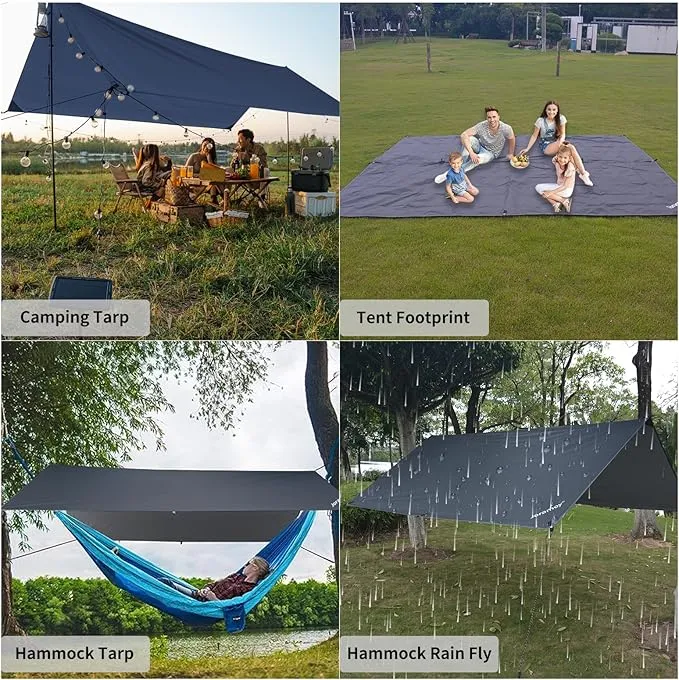 Hammock Rain Fly 10×10FT - Waterproof Camping Tarp Portable Tent Tarp Premium Backpacking Tarp Sheleter with UV Protection Layer for Camping Hiking Outdoor(Gray)