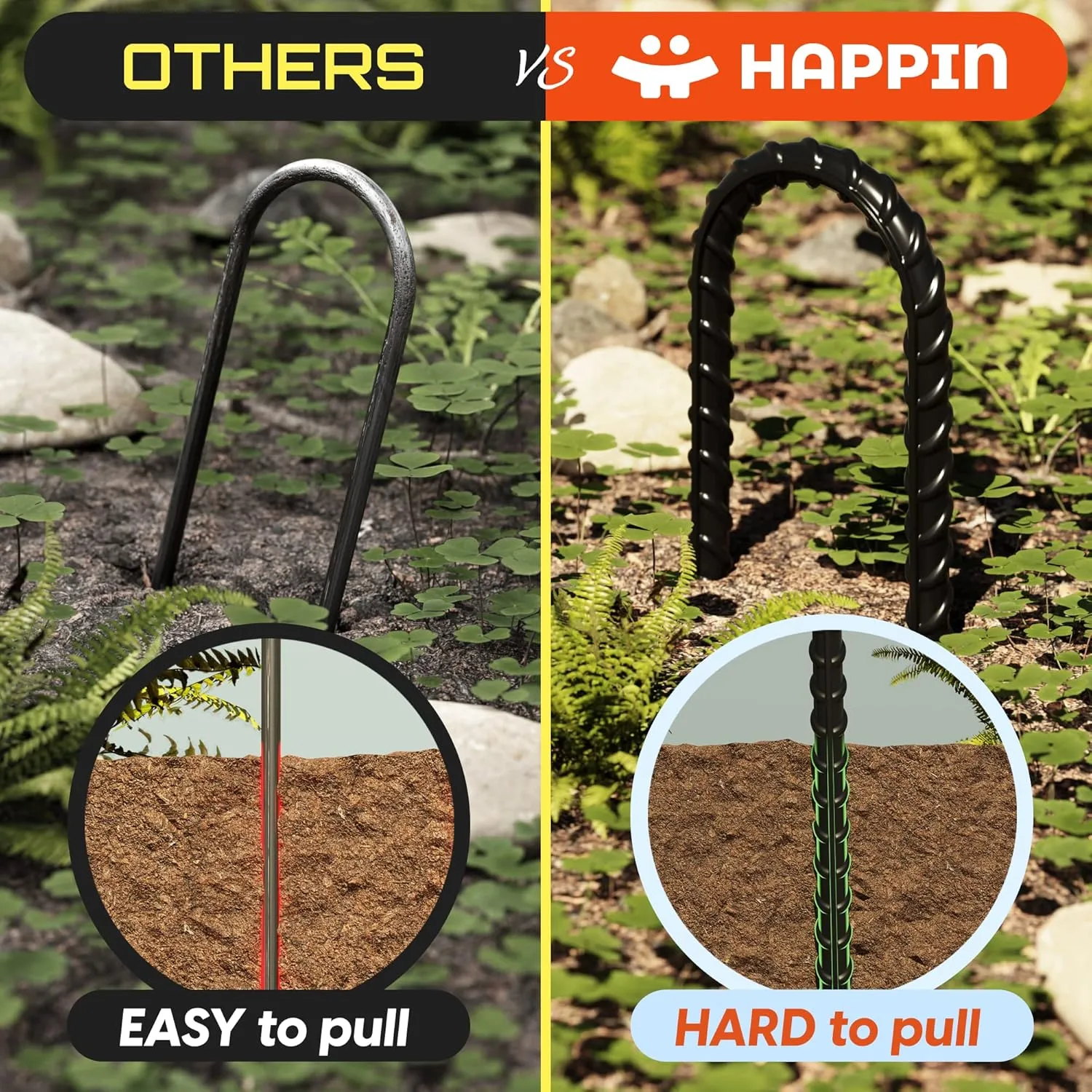 Happin® Ultra Strong Trampoline Stakes Anchors High Wind, Ground Anchors Heavy Duty, Trampoline Tie Down Anchor Kit, Ground Stakes Galvanized Steel, Trampoline Accessories, U Shaped (8 Pack, Black)
