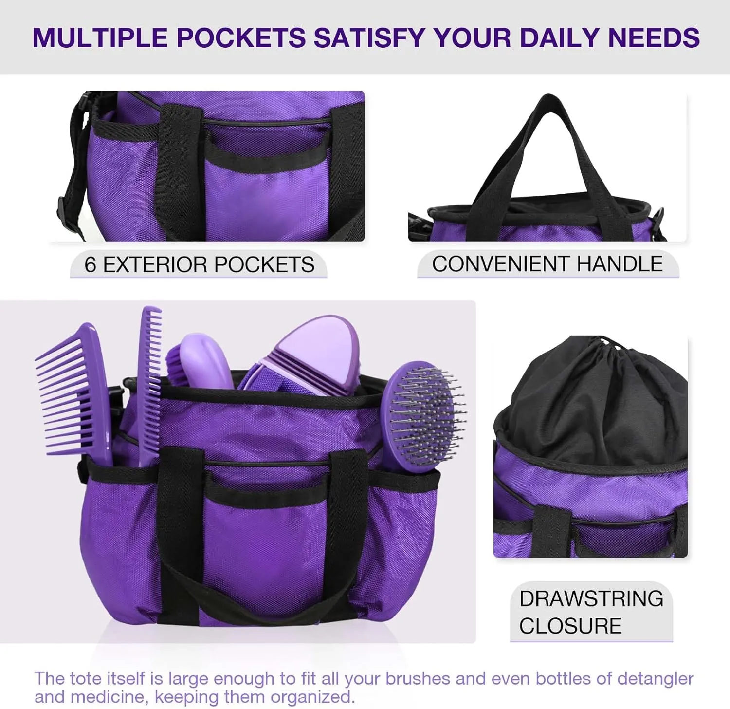 Harrison Howard Horse Grooming Kit 9-Piece Equine Care Series Horse Brush Sets with Organizer Tote Bag Tack Room Supplies Shedding Grooming Massaging Tools Purple