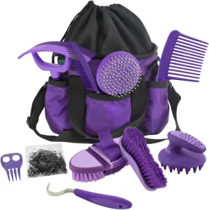 Harrison Howard Horse Grooming Kit 9-Piece Equine Care Series Horse Brush Sets with Organizer Tote Bag Tack Room Supplies Shedding Grooming Massaging Tools Purple
