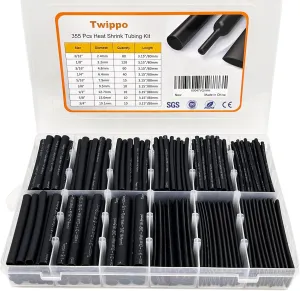 Heat Shrink Tubing Kit 355pcs - 3:1 Dual Wall Adhesive Lined - Electrical Waterproof Industrial Heat-Shrink Tubing Terminals- Marine Grade Wire Connector Shrink Wrap Tube - 3.15" Length - Black