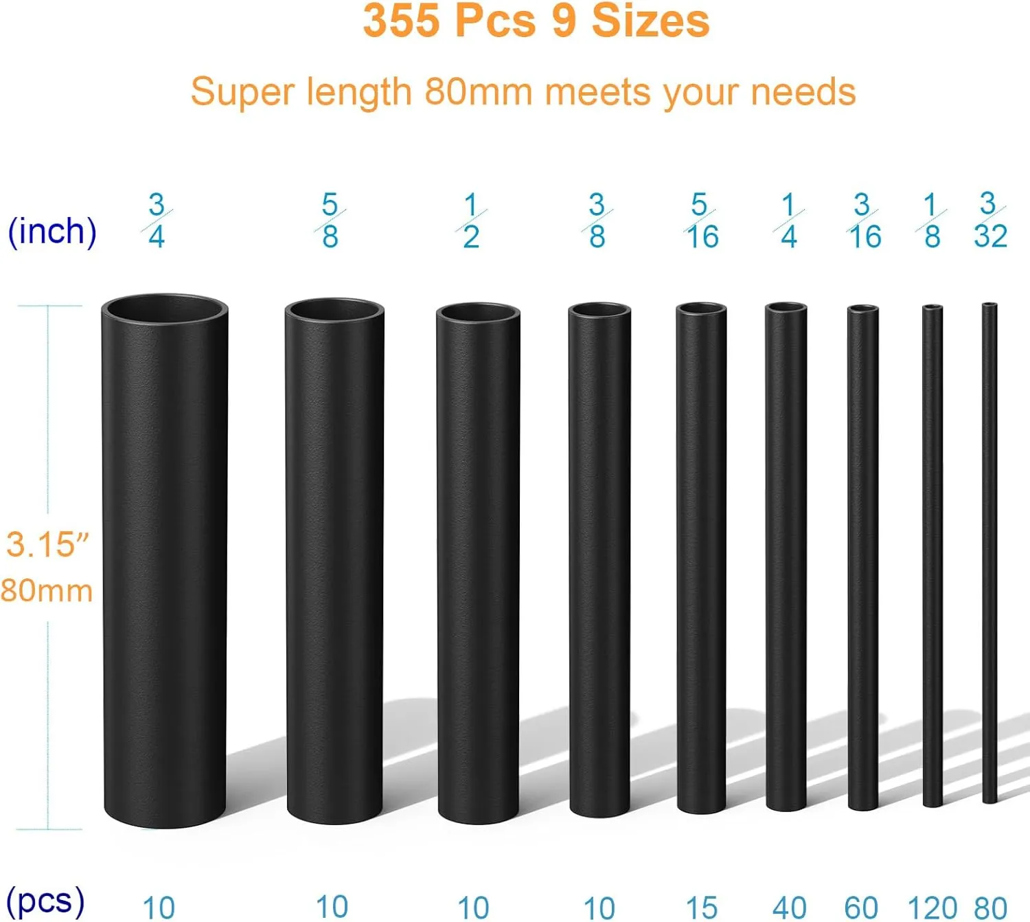 Heat Shrink Tubing Kit 355pcs - 3:1 Dual Wall Adhesive Lined - Electrical Waterproof Industrial Heat-Shrink Tubing Terminals- Marine Grade Wire Connector Shrink Wrap Tube - 3.15" Length - Black