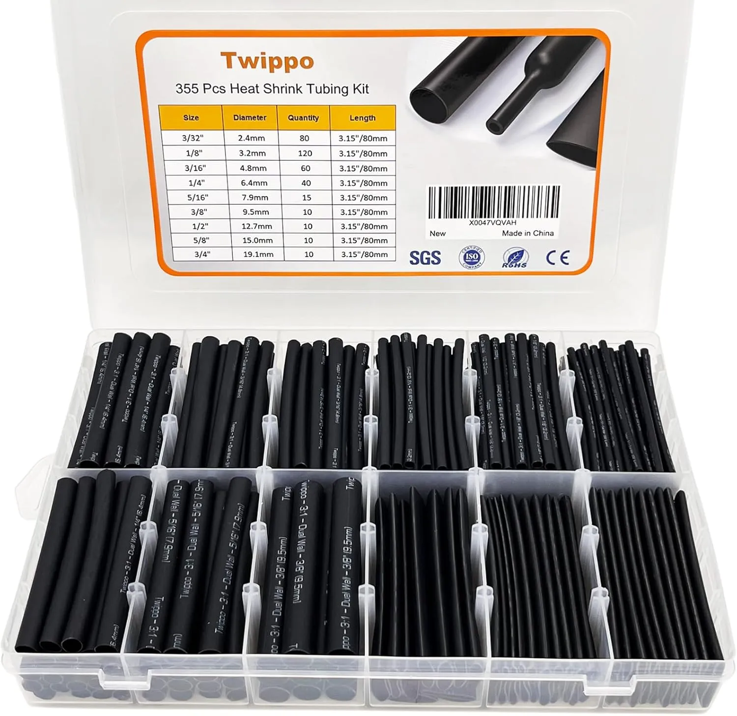 Heat Shrink Tubing Kit 355pcs - 3:1 Dual Wall Adhesive Lined - Electrical Waterproof Industrial Heat-Shrink Tubing Terminals- Marine Grade Wire Connector Shrink Wrap Tube - 3.15" Length - Black