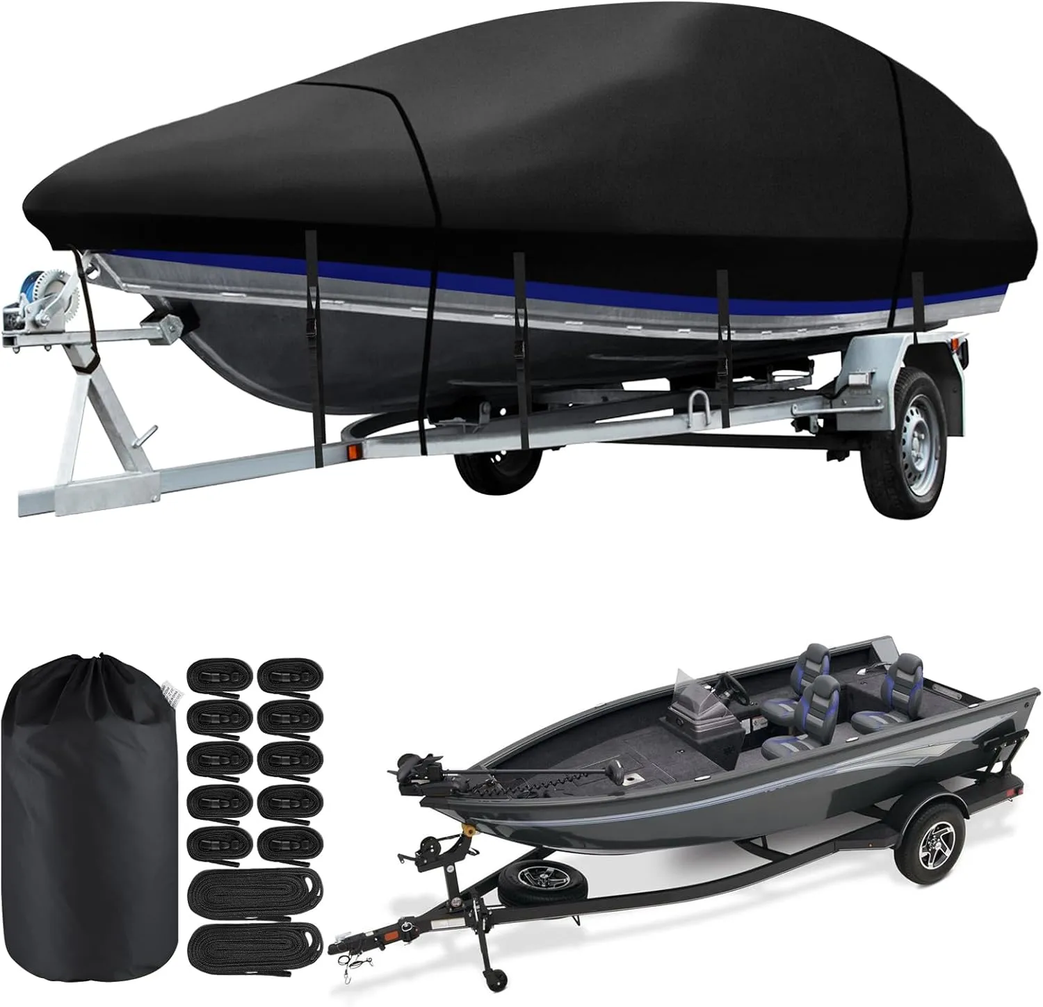 Heavy Duty Bass Boat Cover, 21'2"-23' Trailerable Marine Grade Waterproof Tarp Covers with Adjustable Windproof Tightening Strap & Anti-UV fit V-Hull/Tri-Hull/Fishing Boat/Runabout/Prostyle Bass Boat.
